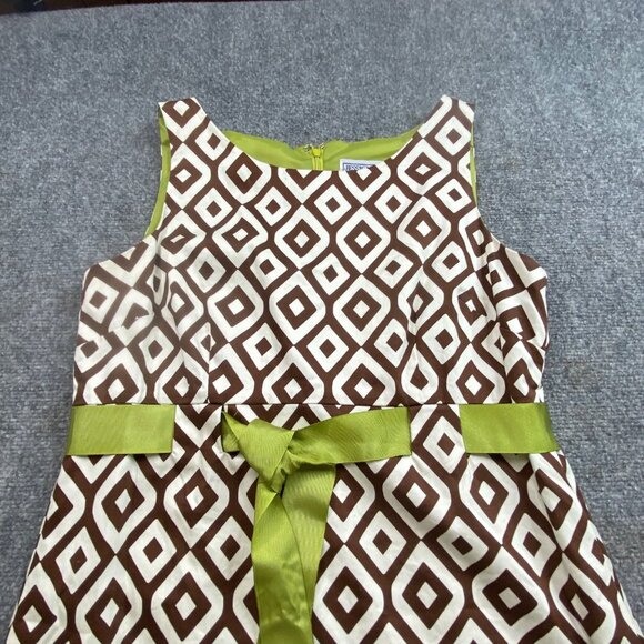 Jessica Howard Dress Womens 12P Sleeveless Brown‎ Geometric Green Ribbon Belt - Picture 2 of 11
